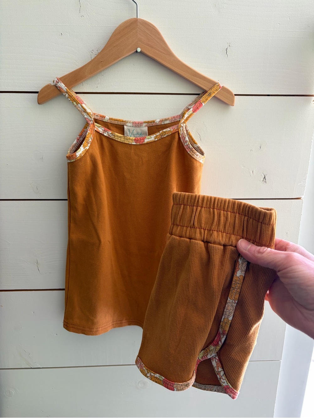 Vivie & Ash Mustard Tank & Shorts Set with Floral Trim